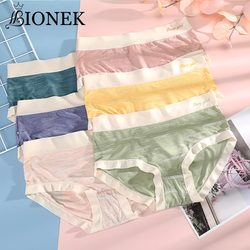 

BIONEK Mid-waist Briefs Printed Striped Women's Shorts Width Underpants Underwear Breathable Soft Panties For Ladies Female