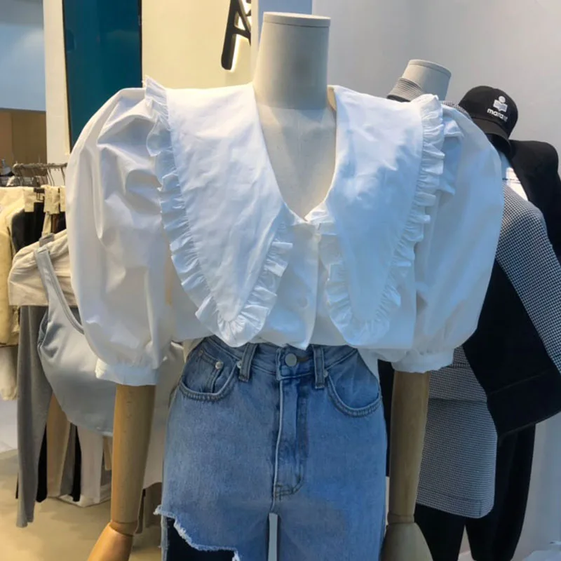 

Korean Style 2021 Spring Summer Fashion Ruffles Puff Sleeve Blouses Shirts Vintage Solid Oversize Office Lady Elegant Tops