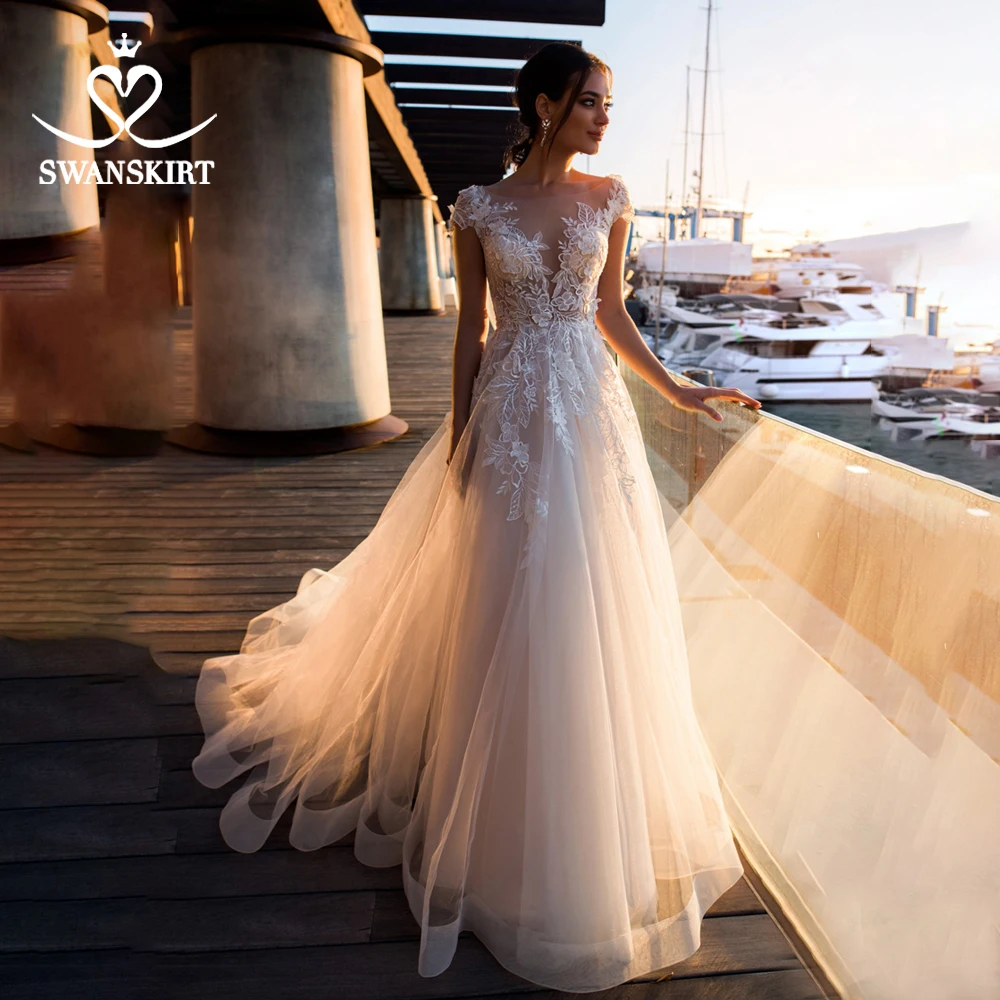 Слоновая кость Модное свадебное платье с аппликацией милое А-силуэт Boho Vestido De Noiva цветы со шлейфом Свадебное платье Swanskirt k307 - Цвет: Слоновая кость