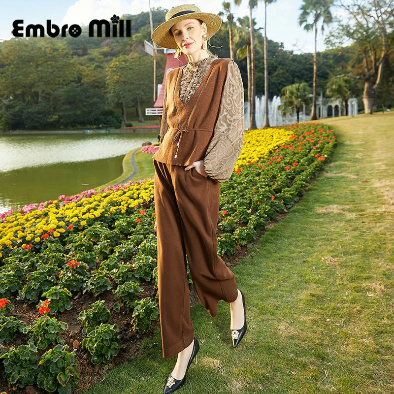 

Spring New Three-Piece Suit Lady Short Vest Top + Small Stand Collar Shirt + High Waist Wide Leg Pants S-XL