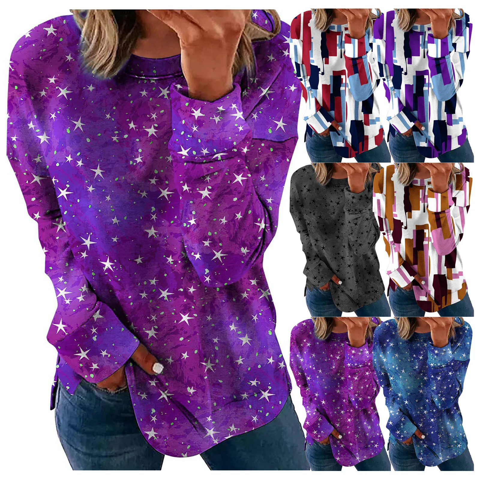 

Women All-Match Crewneck Tie-Dye Stars Print Pullovers Popular Long-Sleeves Winter Top Sweaters Shirts