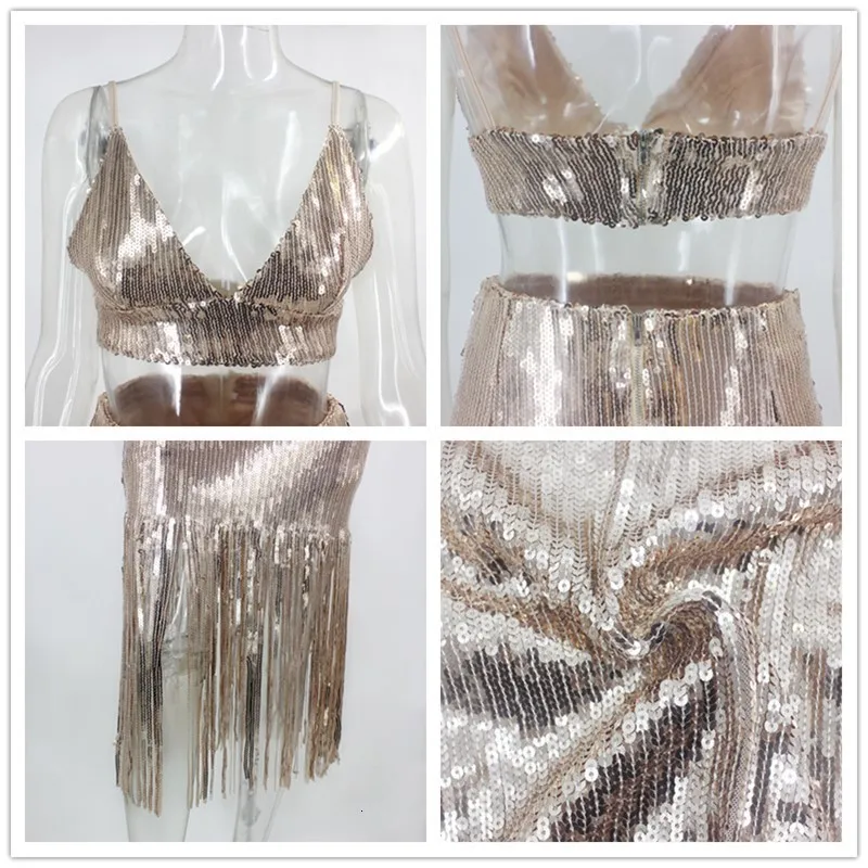 Fuedage Tassel SEQUINS вечерние комплекты из двух предметов для женщин с v-образным вырезом и блестками комплект из 2 предметов на тонких бретельках сексуальные женские комплекты из двух предметов