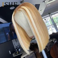 highlight honey blonde bob wig lace front human hair wigs for women colored 613 lace frontal wig straight lace front wig ishe