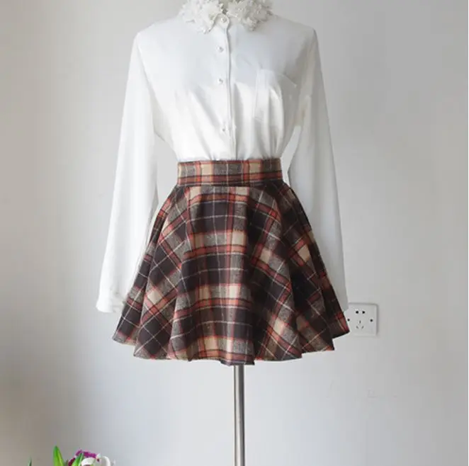 orange skirt lining Хлопковая юбка выше колена в шотландском стиле, Зимняя юбка в тонкую клетку с завышенной талией, короткая мини-юбка для школьниц - Цвет: orange skirt lining