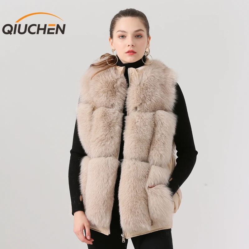 QIUCHEN PJ19080 новое поступление пуховый жилет с натуральным лисьим мехом женский зимний жилет высокого качества модный режим