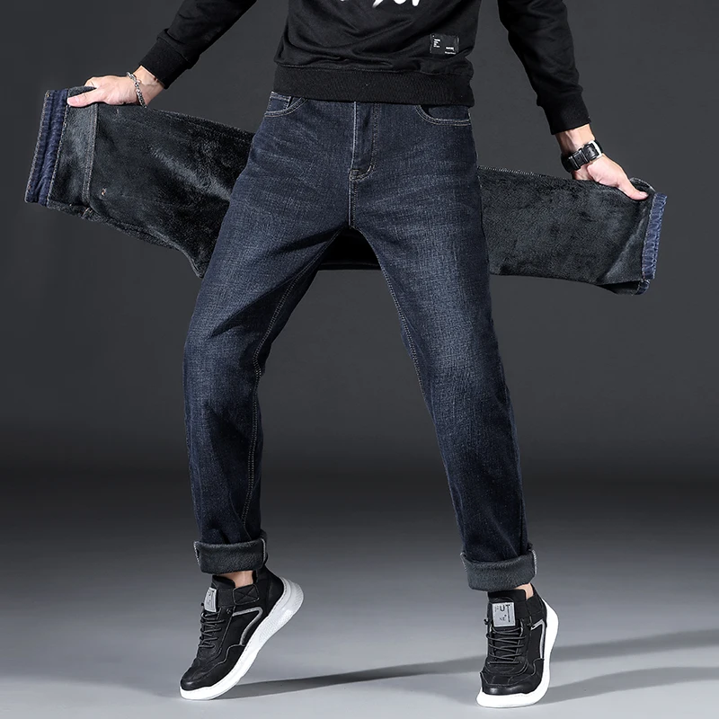 

2020 New winter warm men's jeans Men's business casual stretch denim trousers Dark blue denim black 40 42