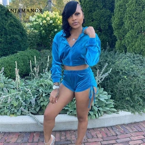 Женский спортивный костюм с длинным рукавом anjaview, розовый Бархатный комплект из 2 предметов, повседневный укороченный топ с капюшоном и шорты женские костюмы, D13-DC43