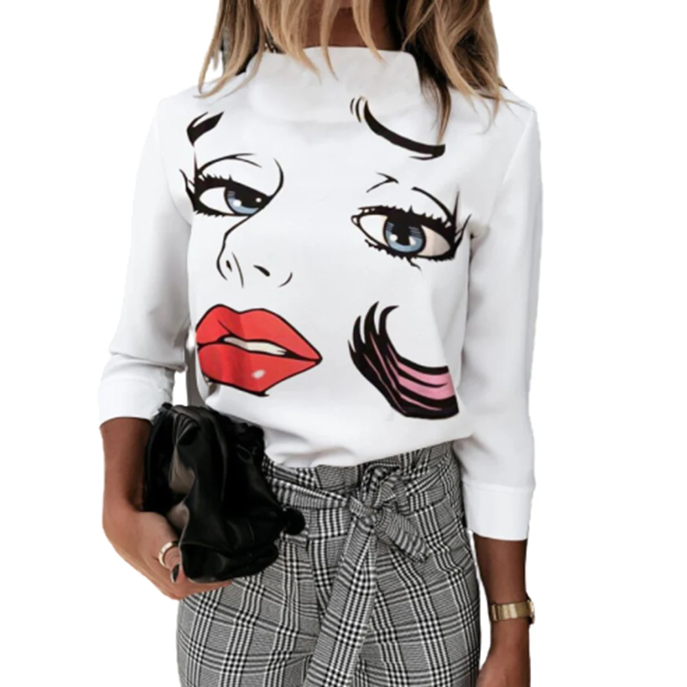 

#w Creative Printed Tee Shirt for Women Hot Fashion Long Sleeve Turtleneck Elegant Lady ClothesTop Buttons Slim Female Ropa 2020