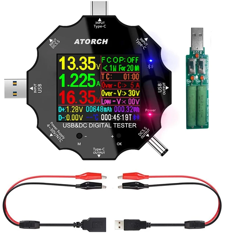 

USB C Tester, 3 in 1 Type C DC5.5 USB Tester Color Screen IPS Digital Multimeter,Capacity Detector,with Clip Cable