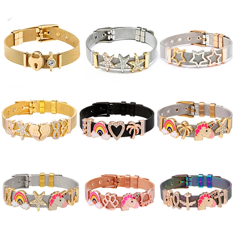

Yexcodes Fashion Stainless Steel Woman Men Bracelet Mesh Bracelet Set Crystal Heart Anchor Charm stainless steel Bracelets Gift