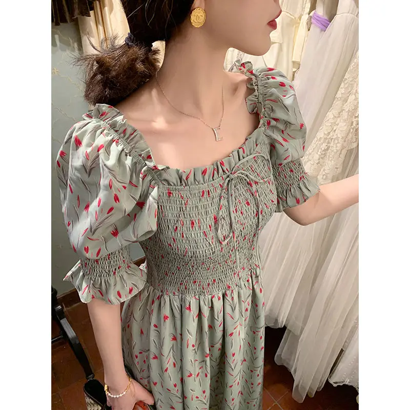 

2021 Women Spring Summer Elegant Pleated Dresses Female Short Sleeve Slash Neck Chiffon Dress Ladies Casual A-Line Vestidos K860