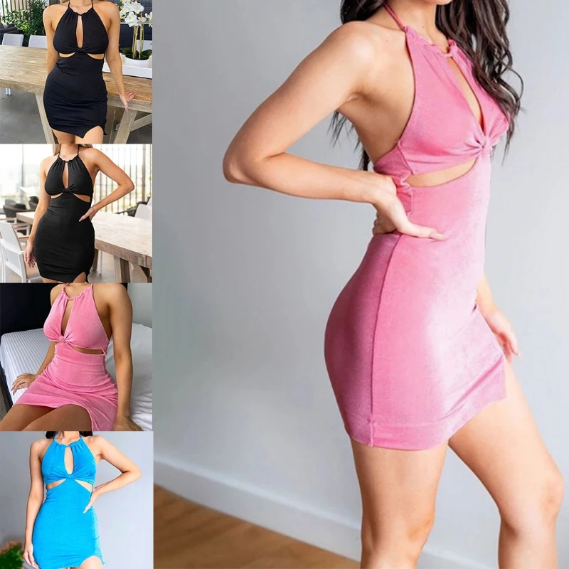 

Women Sexy Halter Backless Bodycon Mini Dress Hollow Out Front Solid Clubwear