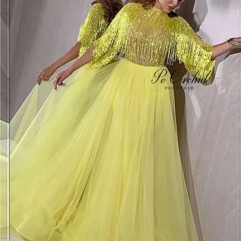 

PEORCHID Yellow Long Saidi Arabia Prom Dress Beading Sequin Bling Bling Vestudo De Baile High Neck Araic Evening Gowns 2019