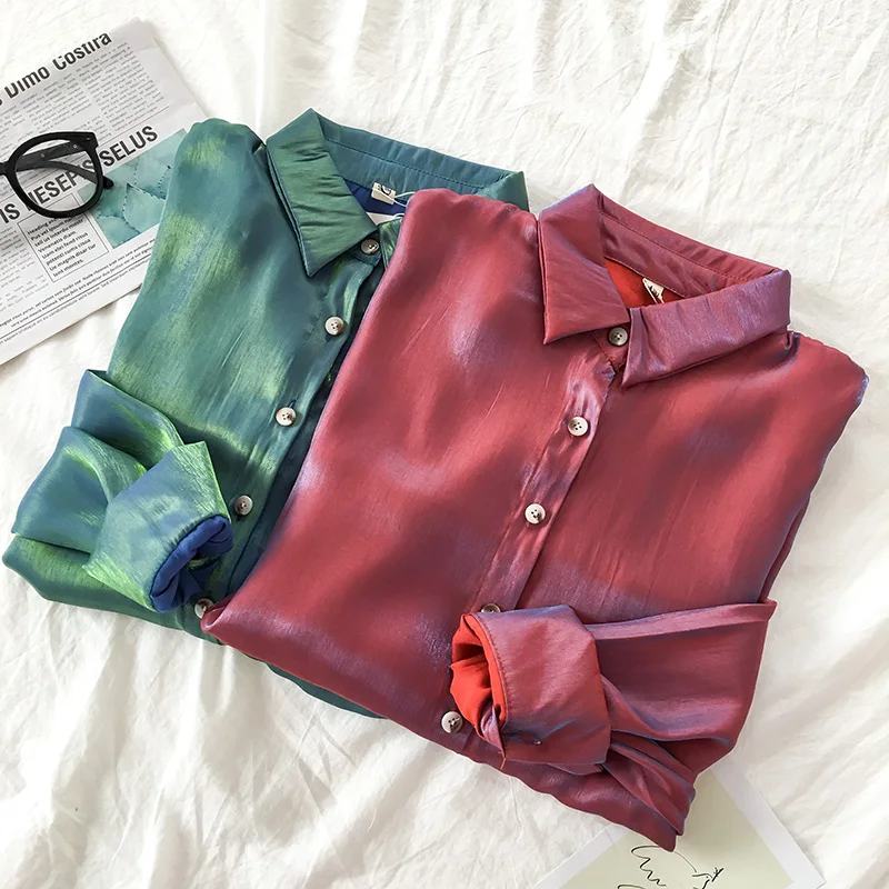 Новинка 2019 Ретро стиль поляризационная атласная рубашка с длинным рукавом