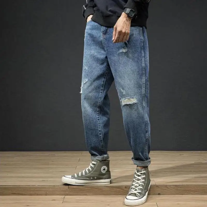 

Autumn And Winter New Mens Jeans Hole Ripped Fashion Loose Fit Patched And Perforated Pants Elastic Harem Pants Baggy Jeans