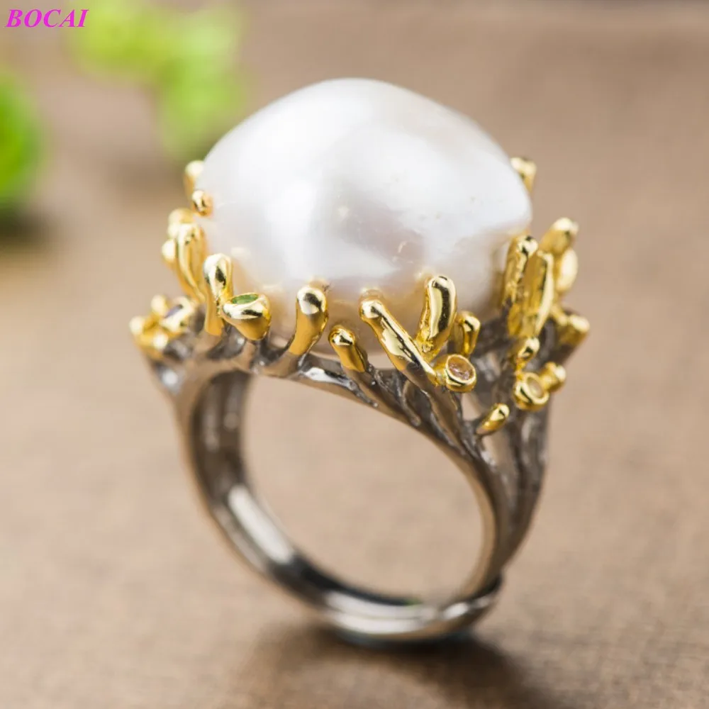 

BOCAI S925 sterling silver ring creative flower natural freshwater pearl Thai silver personality temperament female rings