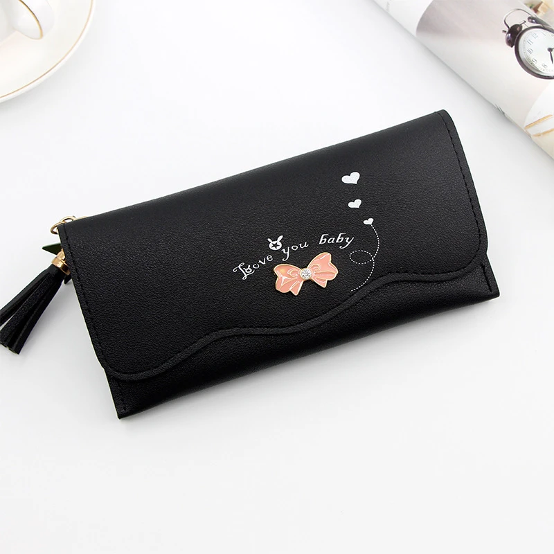 

Women's Leather Wallet Fashion Tassel Ladies Long Wallet Pure Color Letter Bow Clutch Women Money Card Bag Coin Purse 2021