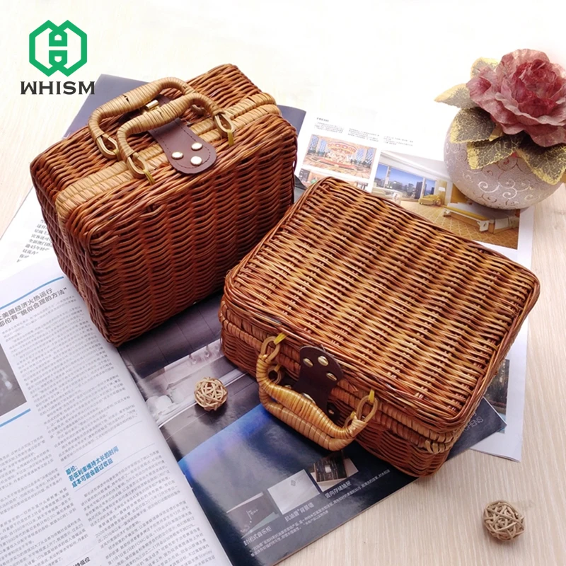 

Винтажный портативный Плетеный Чехол ручной работы из ротанга, Женский Дорожный чемодан, сумка для пикника, корзины для белья, органайзер д...