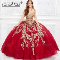 fanshao wd135 quinceanera dress wine red spaghetti strap vestido gold appliques for 15 girls ball formal gowns puffy