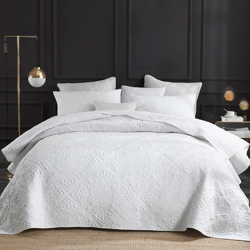 

White Bedspreads For Bed Quilt Set 3PCS Cotton Quilts Embroidered Bed Cover Pillowcase King Queen Size Coverlet Blanket on Bed