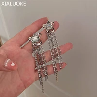 xialuoke luxury long tassel green glass drop earrings for women elegant crystal metal chain tassel earrings party jewelry set