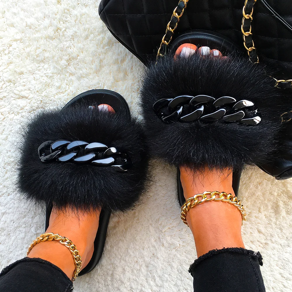 Women Faux Fox Sandals Designer Chain Furry Fur Slippers Fluffy Flip Flops Summer Beach Plush Raccoon Fur Slides Cozy Home Shoes
