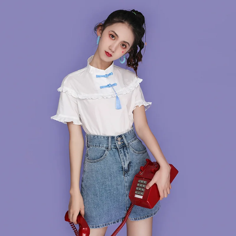 Женская блузка с коротким рукавом белая рубашка в китайском стиле