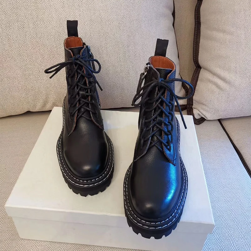 Женские мотоциклетные ботинки из натуральной кожи на низком каблуке|Женские