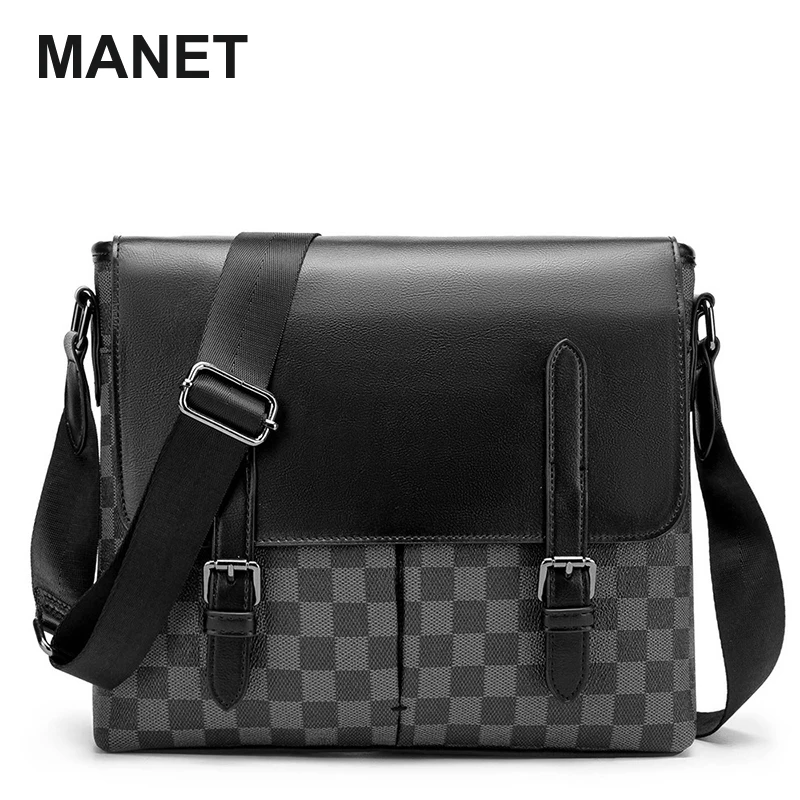 

MANET PU Classic Check Pattern Male Cosbody Bag Business Shoulder Bags for Men Large Capacity Durable Handbag Trendy Crossbody