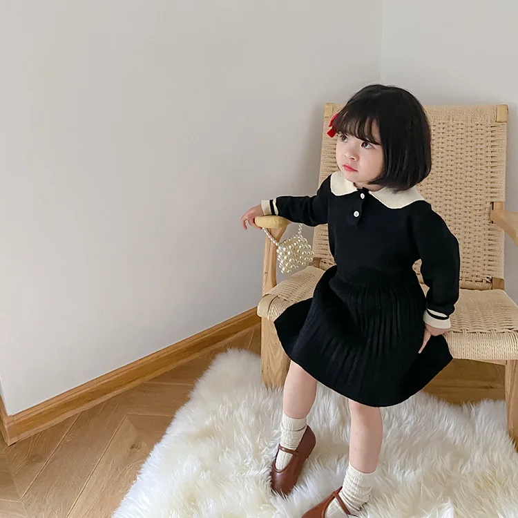 

Осенние модные вязаные комплекты одежды для девочек, милый Повседневный свитер с кукольным воротником и плиссированная юбка, комплекты из 2...