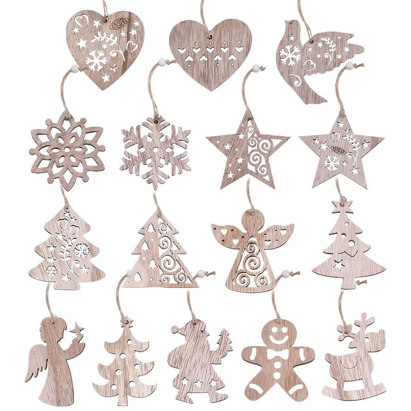 3/6pcs Christmas Wooden Pendant Wooden Hollow Snowflake Christmas Tree Hanging Decor For New Year Xmas Party Ornaments Kids Gift