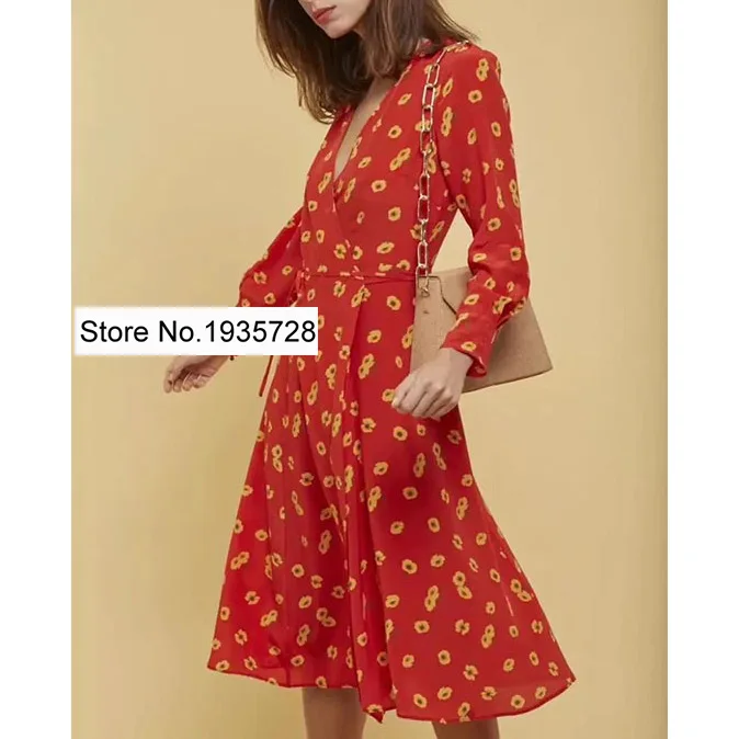 Шелковое красное платье-миди ElfStyle 100% с запахом V-образным вырезом и цветочным