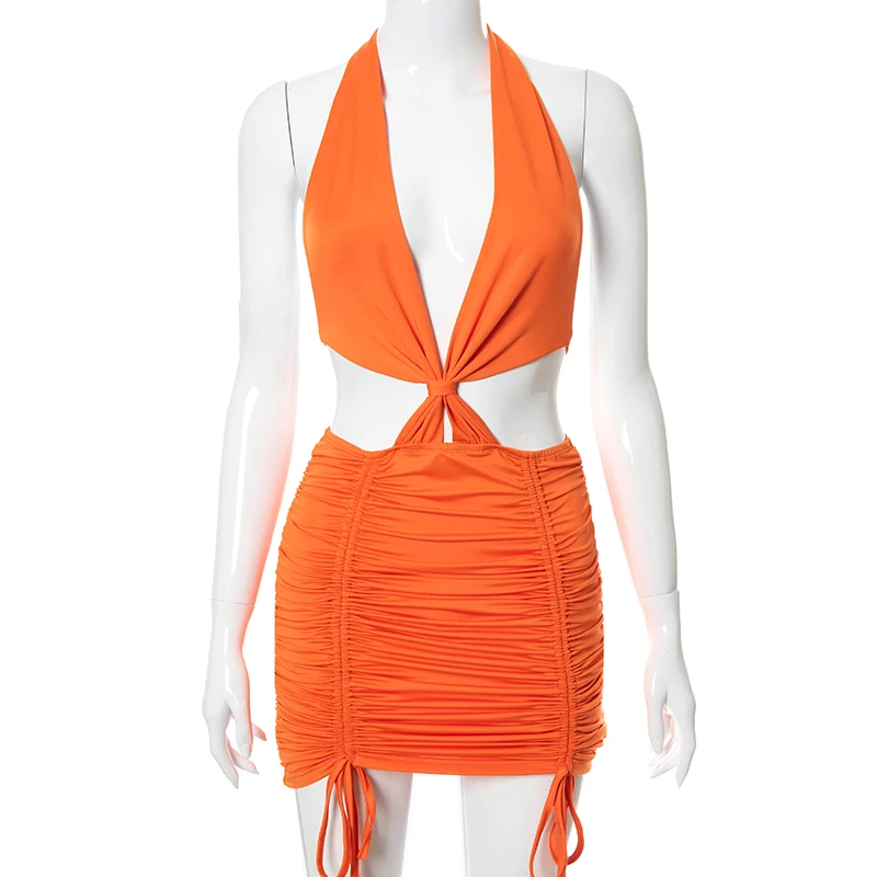 

Cutenove Sexy Party Club Bodycon Dresses For Women's 2021 Summer Clothing Backless Shirring Halter Mixi Dress Female Streetwears