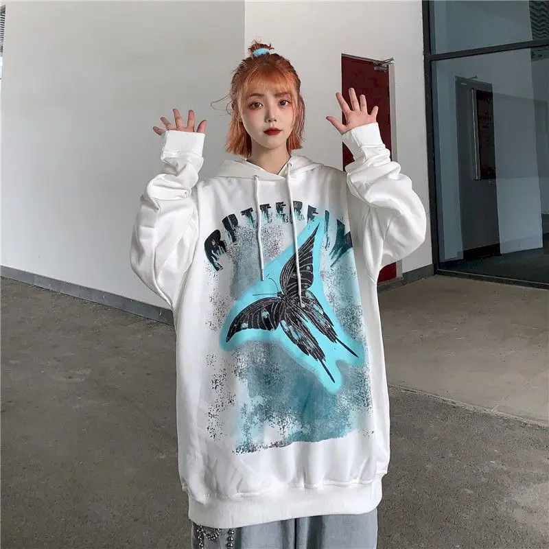 

Женские толстовки с капюшоном Harajuku bf ветрозащитная Толстовка с принтом бабочки женский студенческий корейский стиль модный свободный Женс...