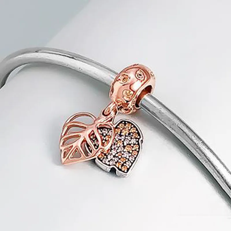 

100% 925 Sterling Silver Charm Rose Gold Glittering Leaf Pendant Fit Pandora Women Bracelet & Necklace Diy Jewelry