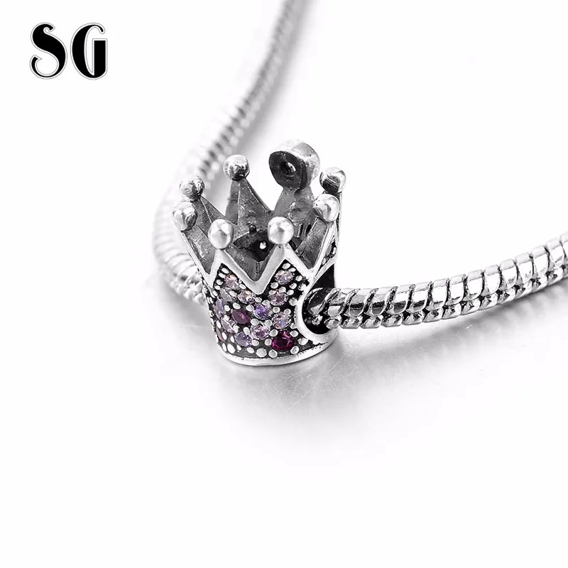 SG new classic princess crown charms with pink CZ sterling silver 925 fit original bracelet Europe Silver Jewelry making gifts | Украшения