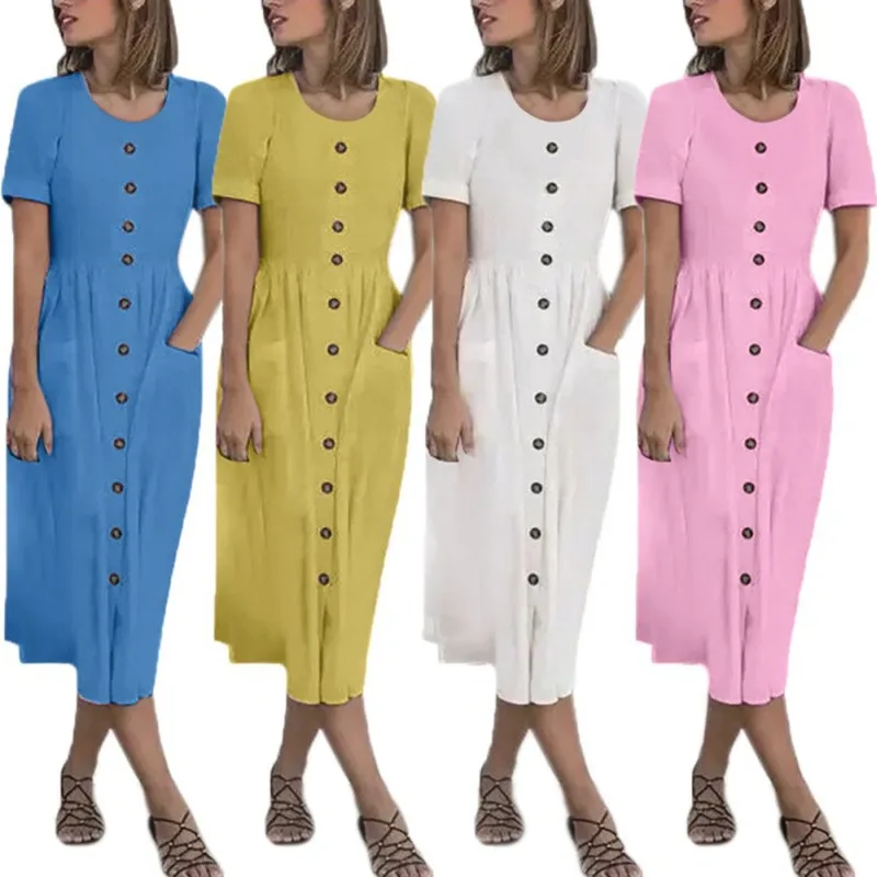 

2021 Новая Летняя женская одежда повседневная однотонная Цвет длинное платье с О-образным вырезом на пуговицах с короткими рукавами Вечерние...