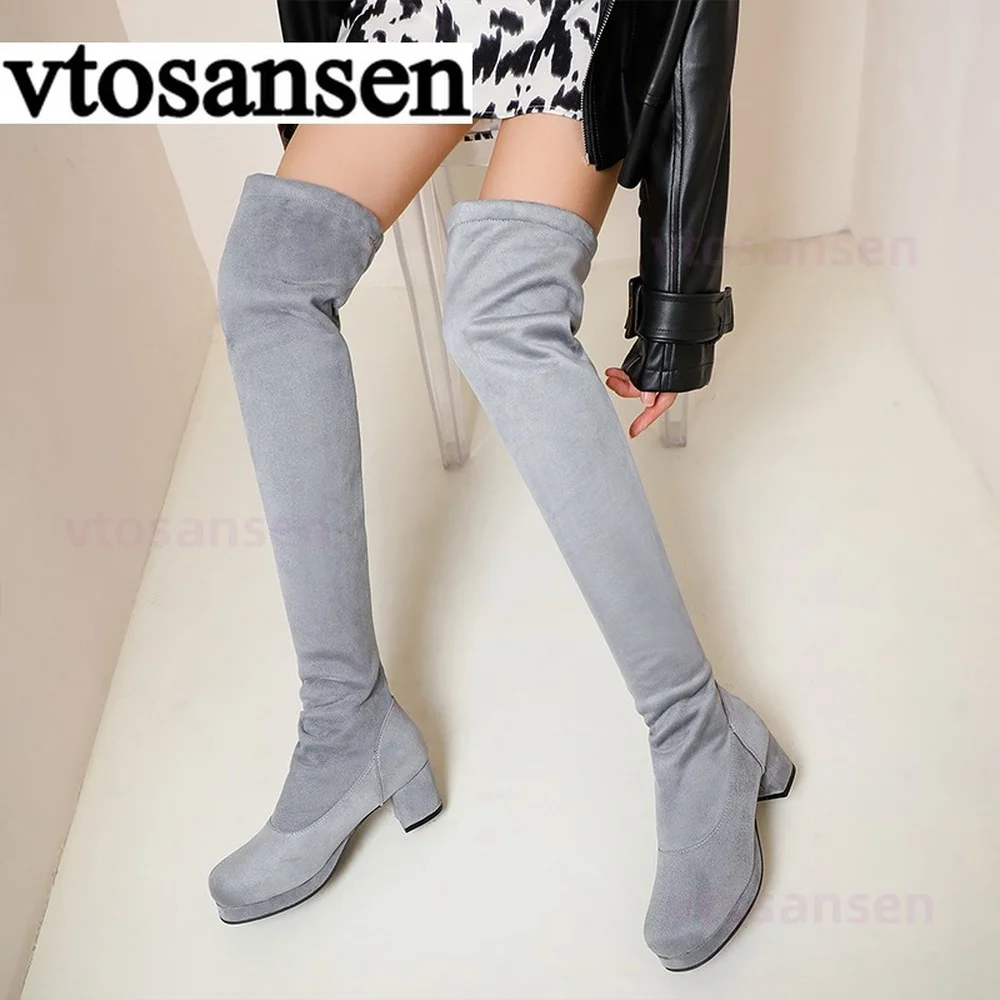 

2021Black Thigh High Boots For Plus Size Women Faux Suede Slim Over The Knee Boots Winter Thick Heel Stretch Fabric Hot SaleGirl