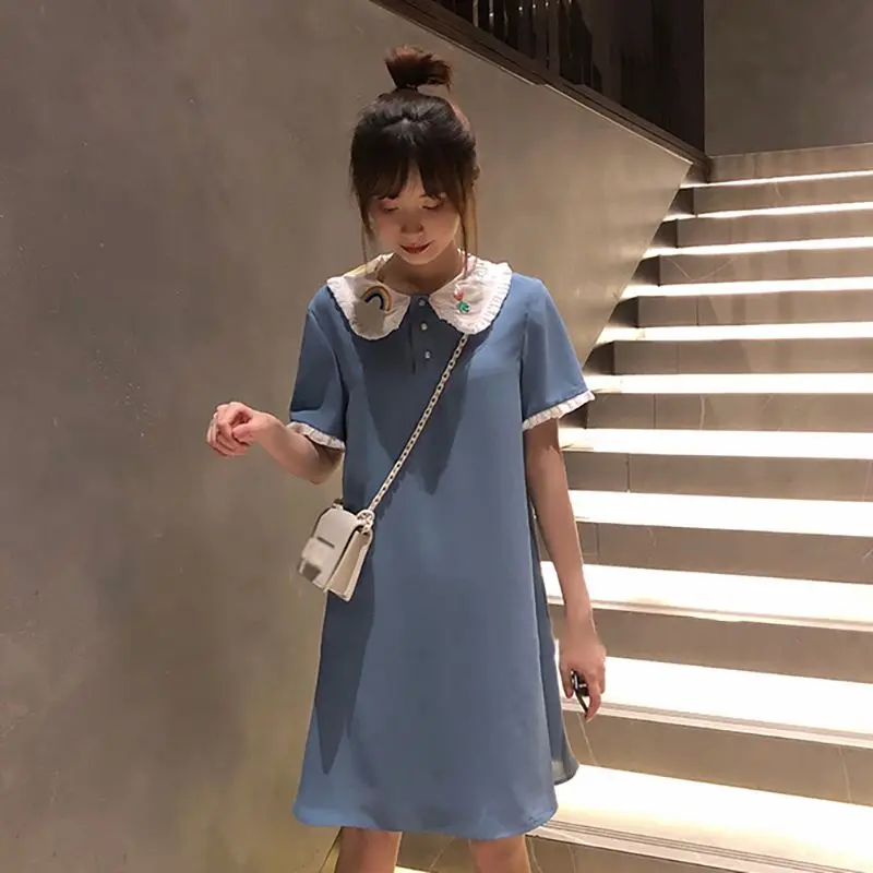 

Women Summer Dress Short Sleeve Doll Collar Print Sweet Dress Ladies Embroidered Fashion Cute Dress Vestidos