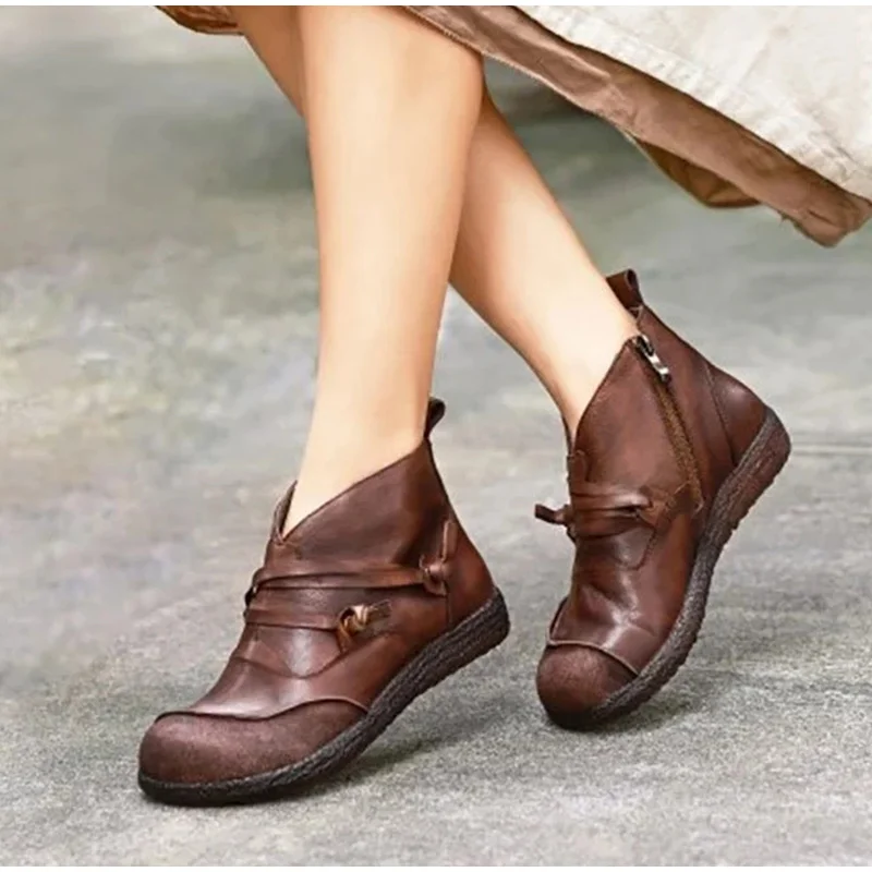 

2021 Women Lace Up Vintage Ankle Boots Ladies Fashion Autumn Boots Women's PU Leather Zip Woman Platform Casual Female Shoes