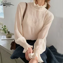 2021 Spring New Pleated Women Shirts Fashion Office Lady Chiffon Blouse Women Stand Collar Flare Sleeve Solid Female Tops 9542
