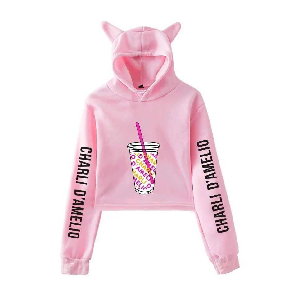 Charli Damelio Hoodies For Girls Funny Cat Ears Crop Tops Women Sweatshirts Tracksuit Coat Ice Coffee Splatter Female Pullovers