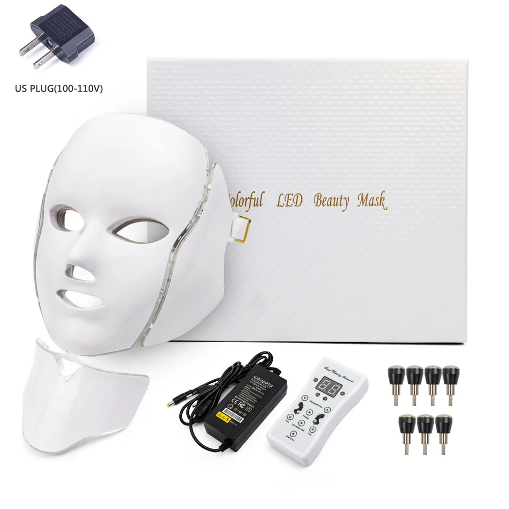 US PLUG WITH BOX Светодиодная маска для лица, 7 цветов, светодиодная Корейская фотонная терапия, маска для лица, машинный светильник, терапия акне, маска для шеи, красивая светодиодная маска - Цвет: US PLUG WITH BOX