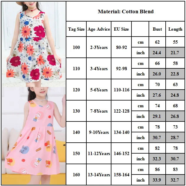 

Crew Neck Kids Floral Fruit Cartoon Printed Above Knee Children Sleeveless A Line Dresses