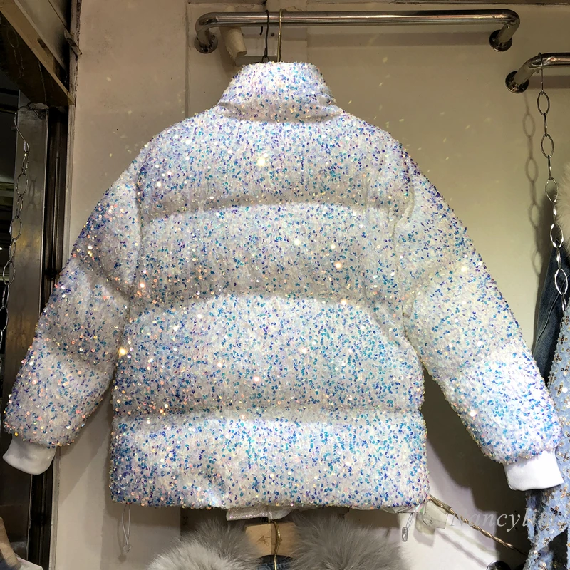 Women's Cotton-Padded Clothes New Stand Collar Colorful Sequins Thickened Warm Down Cotton Coat Female Lady Parka 2022 Winter