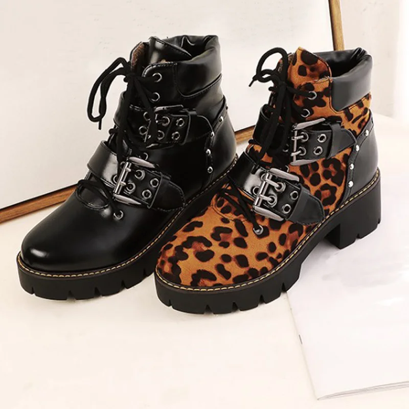 Новинка модная обувь на квадратном каблуке Зимняя женская с леопардовым принтом