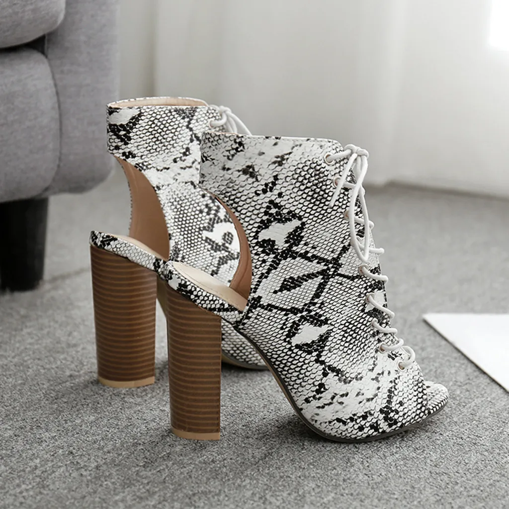 

2020 Summer Women's Sandals Snakeskin Strap High Heels Peep Toe Shoes Shallow Mature sandalias Ladies Boots Fashion Casual Shoes