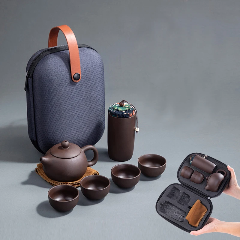 

Purple Clay Kung Fu Tea Set Chinese Porcelain Yixing Zisha Tea Pot 4 Cups Kung Fu Travel Tea Cup Handmade Tea Pot 160ml