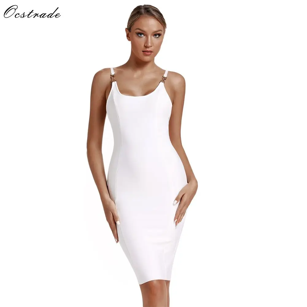 

Ocstrade Woman Bodycon Bandage Dress Summer 2019 New Arrival Spaghetti White Bandage Dress Sexy Midi Night Club Party Dress