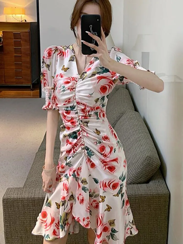 

ZAWFL fashion dress female 2021 summer casual sexy tight-fitting V-neck puff sleeve pleated print dress women